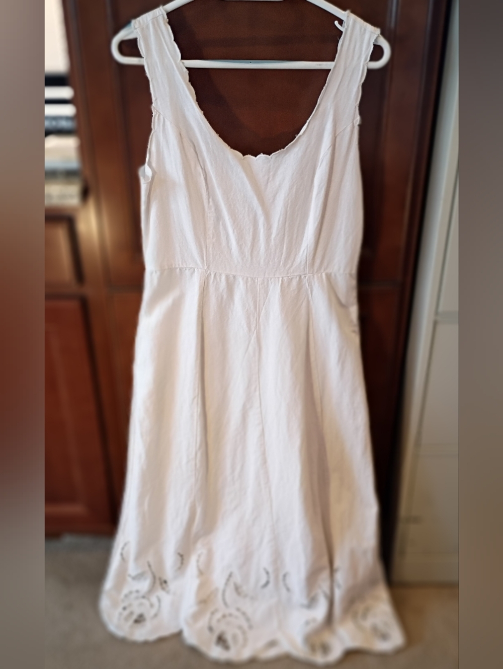 White Sleeveless Linen Maxi Dress with Eyelet Hem